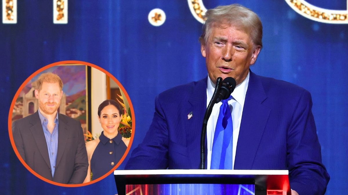 Donald Trump speaks during the FOX Nation's Patriot Awards at the Tilles Center and arry, Duke of Sussex (L) and Meghan, Duchess of Sussex (2nd L) are welcomed to Colombia by Vice President Francia Márquez