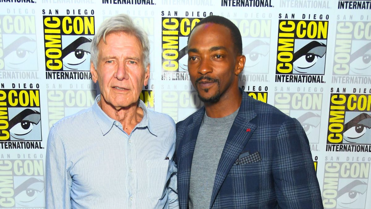 Harrison Ford and Anthony Mackie attend the Marvel Studios Panel in Hall H at SDCC in San Diego, California