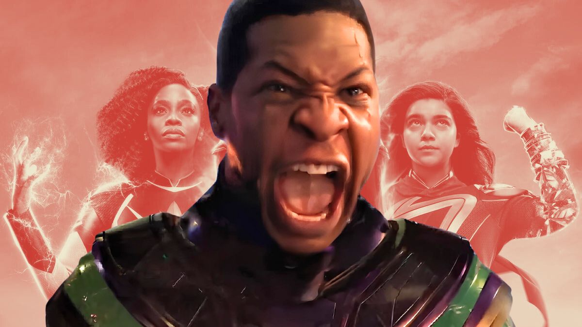 A screaming Kang (Jonathan Majors) superimposed over a coral-hued The Marvels poster