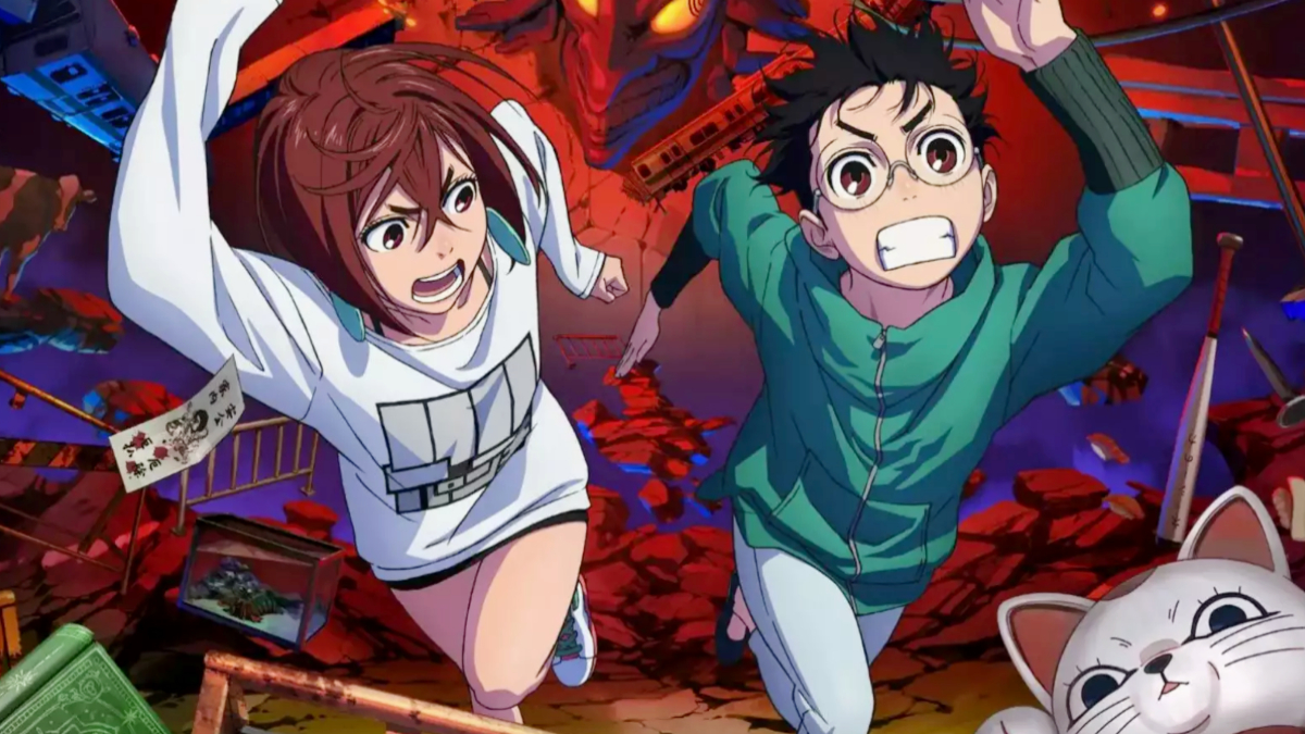 Momo and Okarun/Ken are running from something in the anime 'Dandadan."