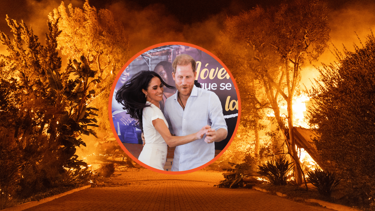 Meghan, Duchess of Sussex and Prince Harry, Duke of Sussex seen at the Unidad Recreativa El Vallado on August 18, 2024 in Cali, Colombia. (Photo by Eric Charbonneau/Archewell Foundation via Getty Images) / Homes destroyed in the Palisades Fire, on January 8, 2025 in the Pacific Palisades community. Multiple wildfires fueled by intense Santa Ana Winds are burning across Los Angeles County. Five people have been killed, over 25,000 acres have burned, and 30,000 people have been evacuated. (Photo by Jay L. Clendenin/Getty Images)